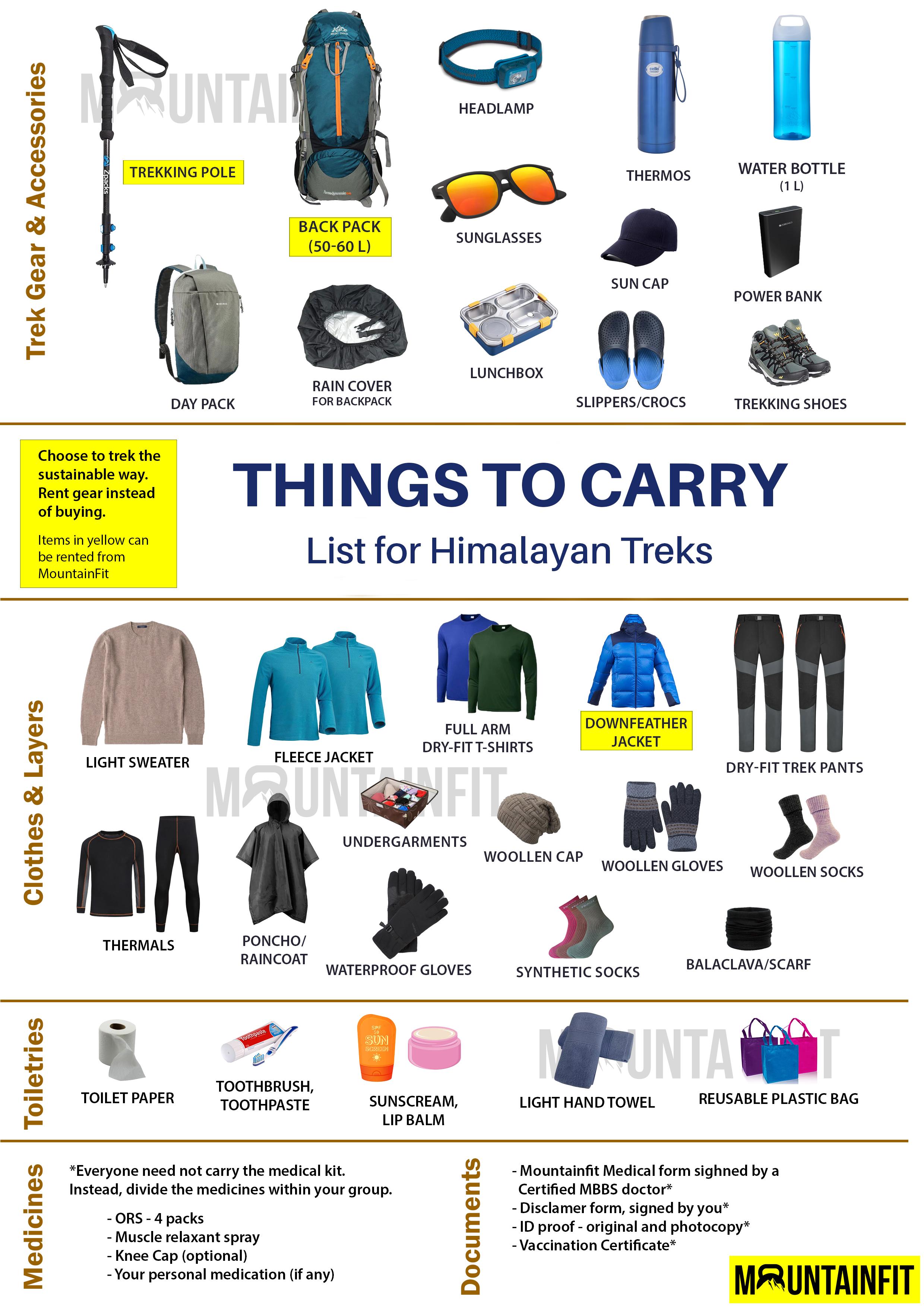 List of things to carry for Himlayan Trek